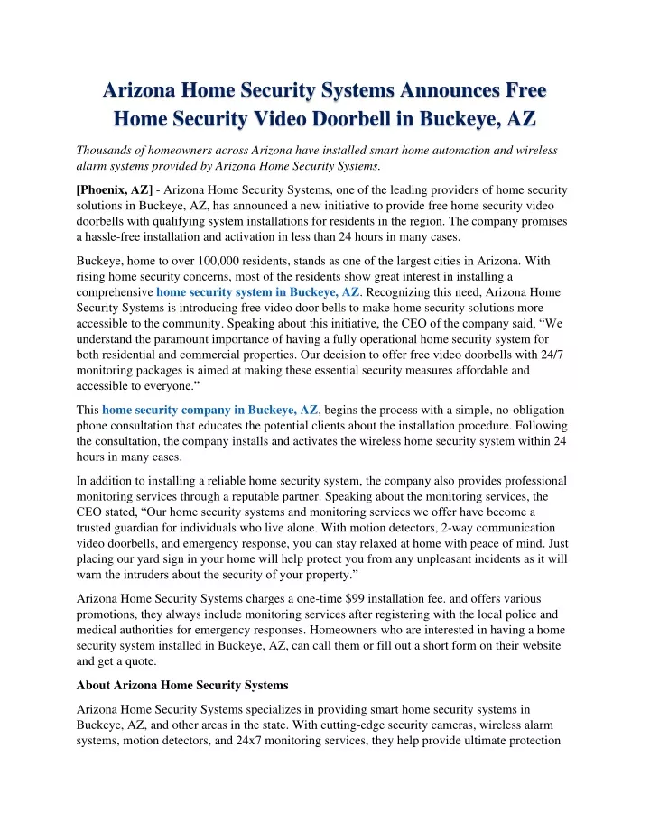 arizona home security systems announces free home