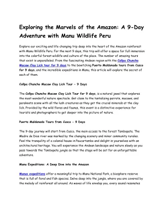 Exploring the Marvels of the Amazon A 9 Day Adventure with Manu Wildlife Peru
