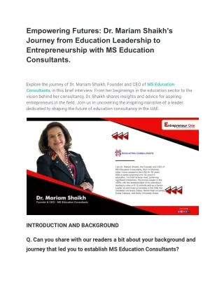 Empowering Futures: Dr. Mariam Shaikh’s Journey from Education Leadership to Ent