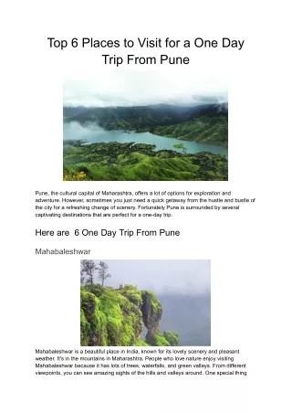 Top 6 Places to Visit for a One Day Trip From Pune