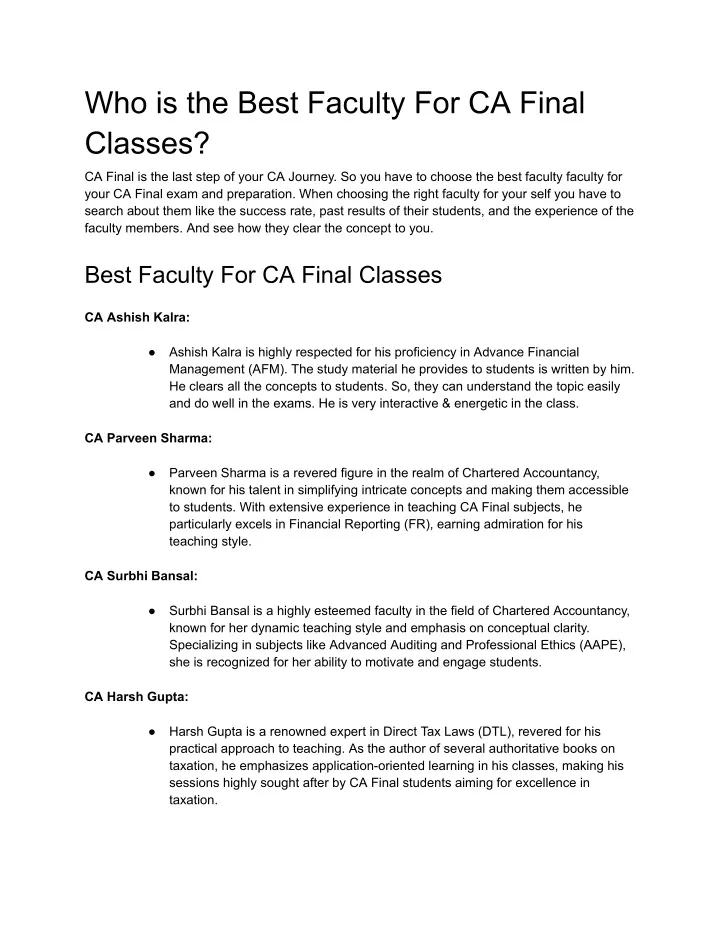 who is the best faculty for ca final classes