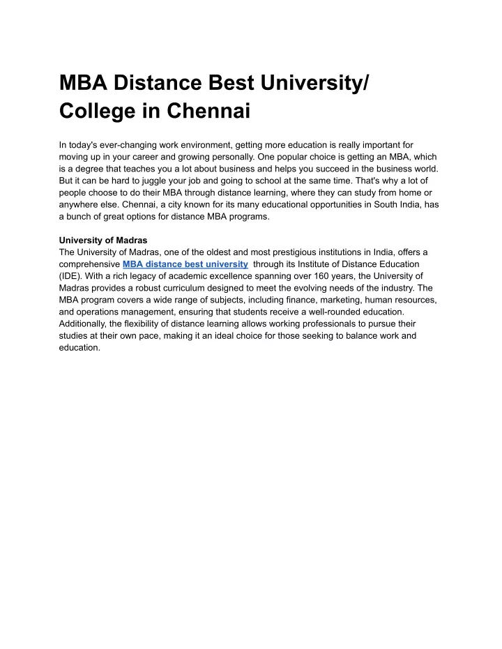 mba distance best university college in chennai