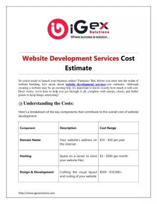 Website Development Services Cost Estimate