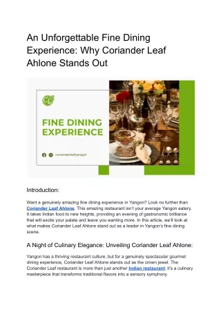 An Unforgettable Fine Dining Experience - Why Coriander Leaf Ahlone Stands Out