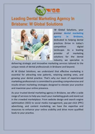 Leading Dental Marketing Agency in Brisbane W Global Solutions