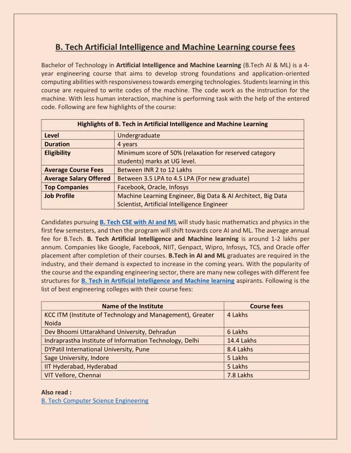 PPT - B.Tech Artificial Intelligence And Machine Learning Course Fees ...