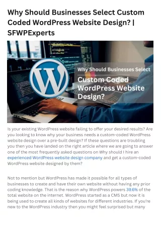 Why Should Businesses Select Custom Coded WordPress Website Design | SFWPExperts