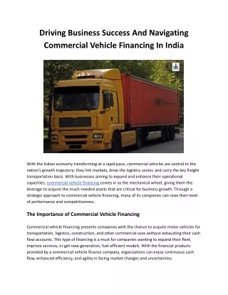 Driving Business Success And Navigating Commercial Vehicle Financing In India