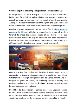 Gopiban Logistics- Elevating Transportation Services in Srinagar