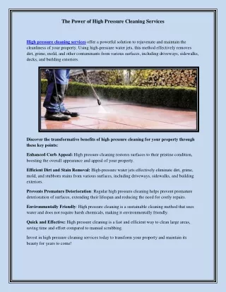 The Power of High Pressure Cleaning Services