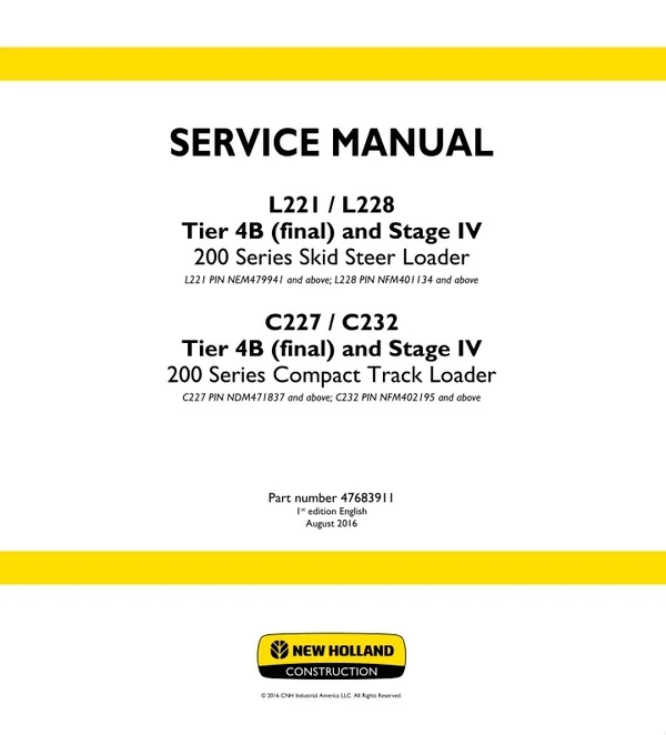 New Holland C227 TIER 4B (FINAL) Compact Track Loader Service Repair Manual [NDM471837 - ]