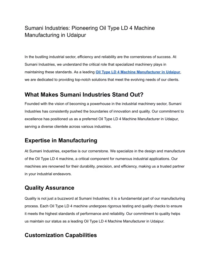 sumani industries pioneering oil type