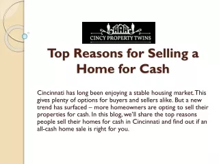 Top Reasons for Selling a Home for Cash