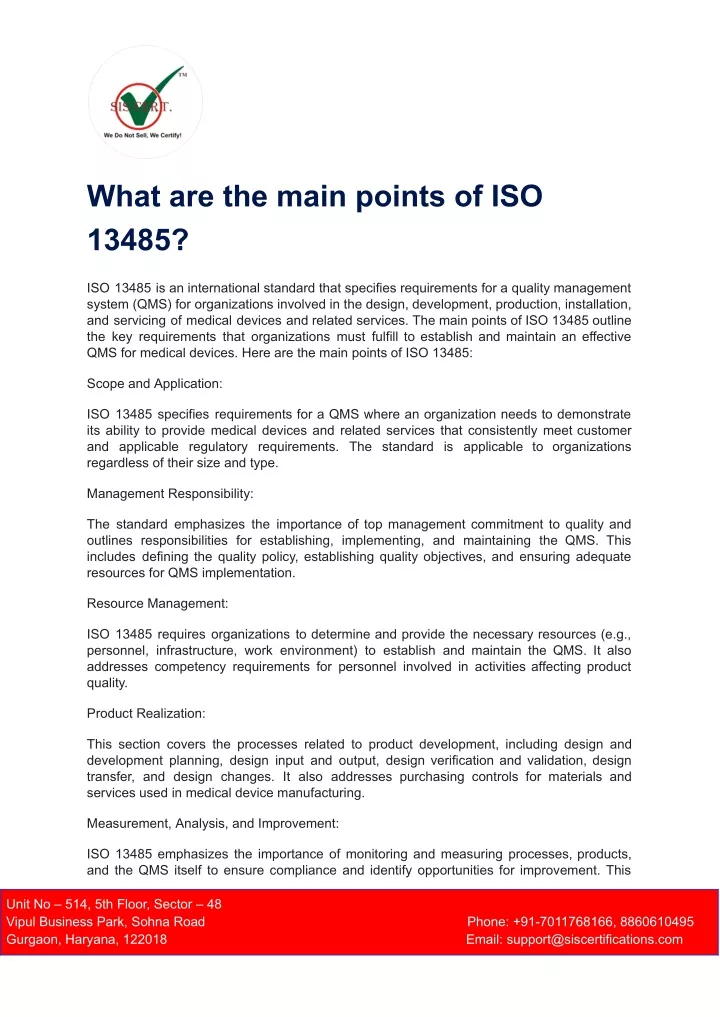 what are the main points of iso 13485