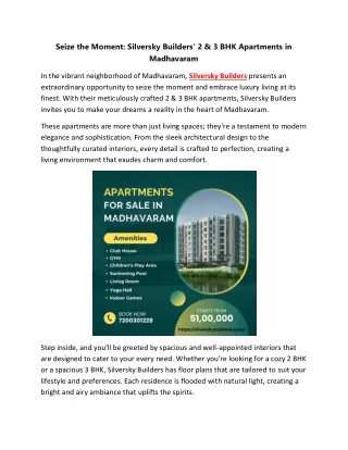 Seize the Moment Silversky Builders' 2 & 3 BHK Apartments in Madhavaram