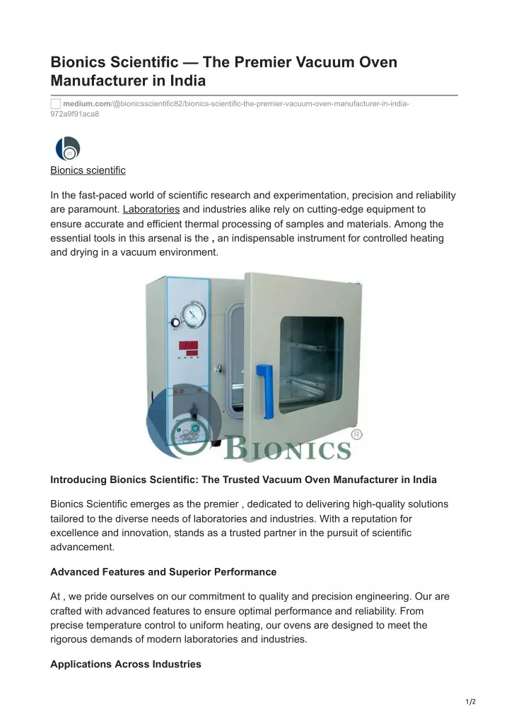 bionics scientific the premier vacuum oven