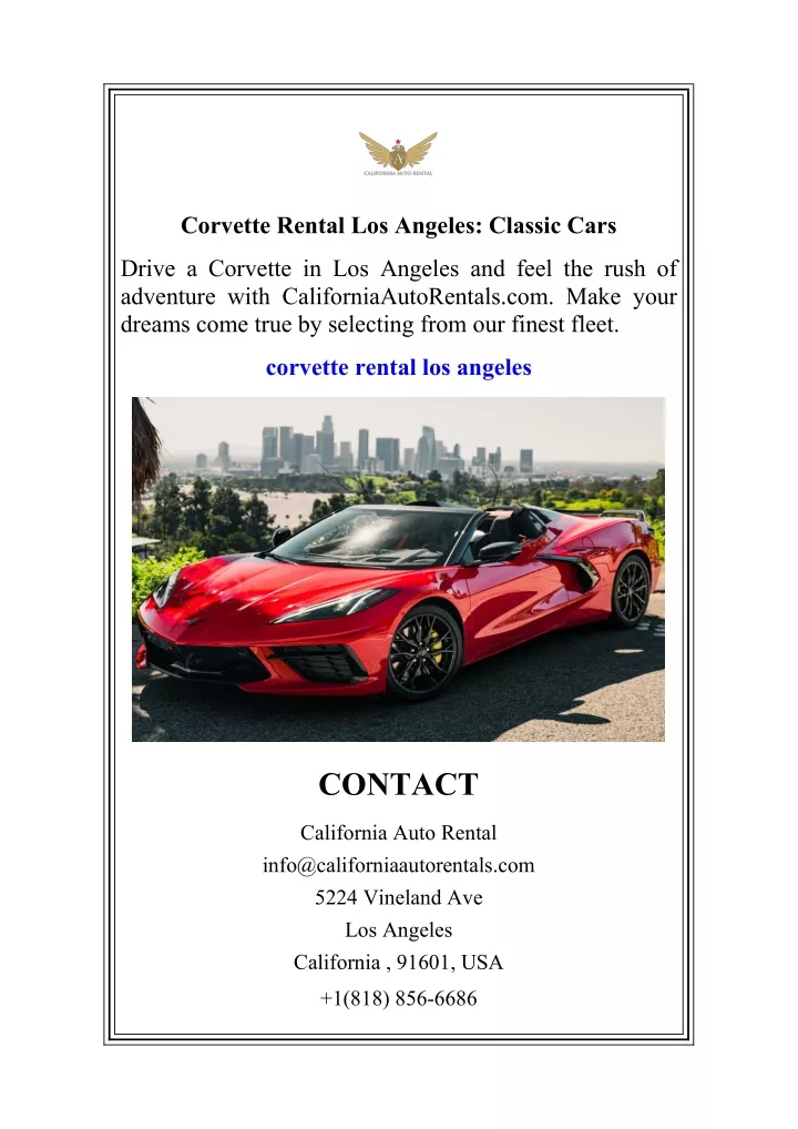 corvette rental los angeles classic cars