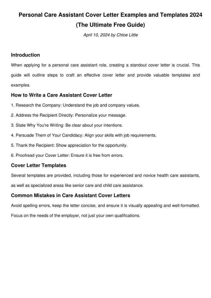 personal care assistant cover letter examples