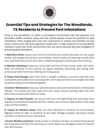 Essential Tips and Strategies for The Woodlands, TX Residents to Prevent Pest Infestations