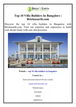 Top 10 Villa Builders In Bangalore  Bricknearth.com
