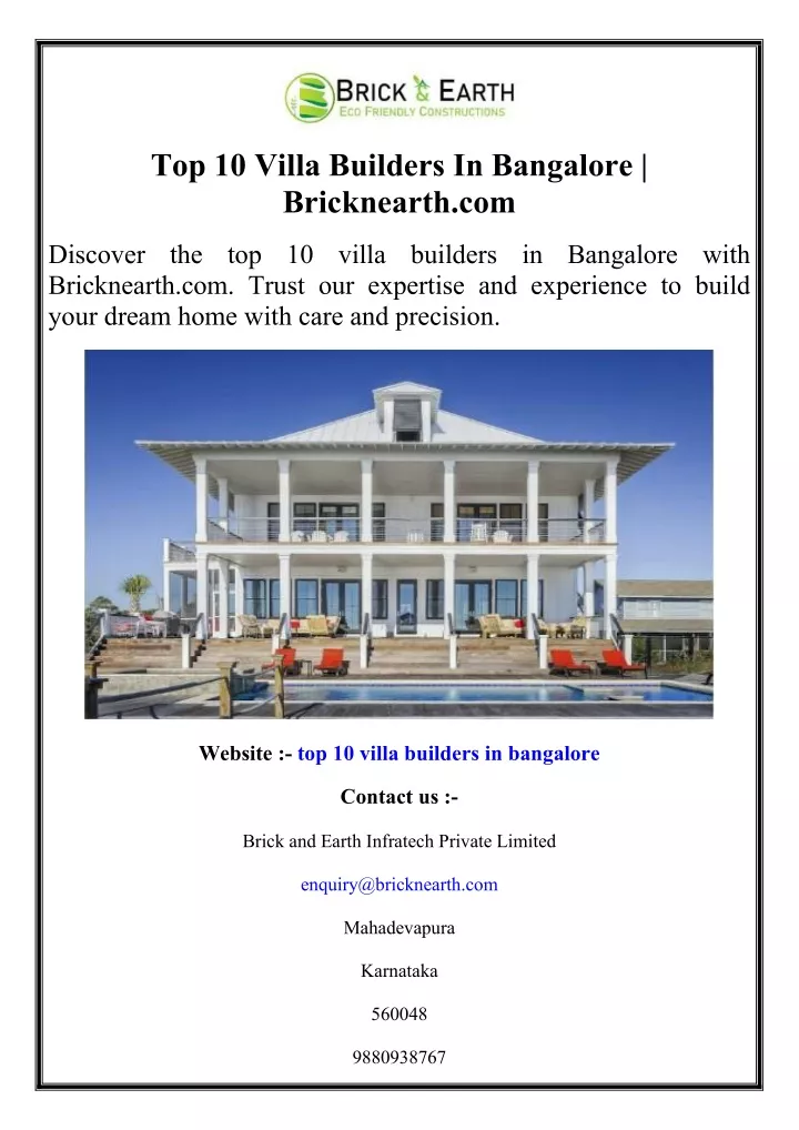 top 10 villa builders in bangalore bricknearth com