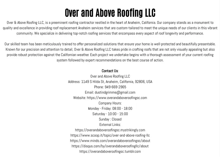 over and above roofing llc