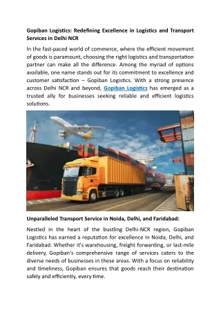 Gopiban Logistics- Redefining Excellence in Logistics and Transport Services in Delhi NCR