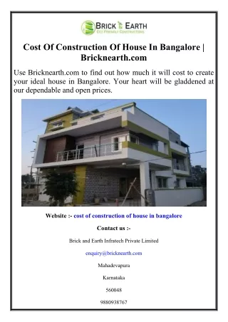 Cost Of Construction Of House In Bangalore  Bricknearth.com