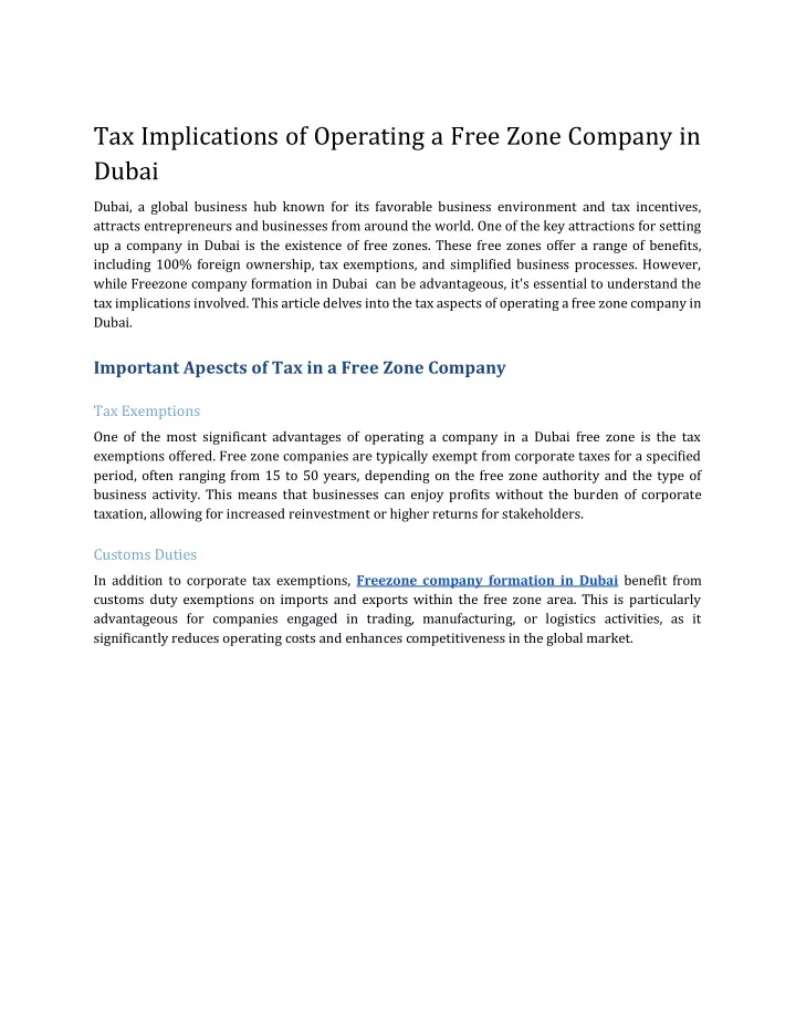 tax implications of operating a free zone company