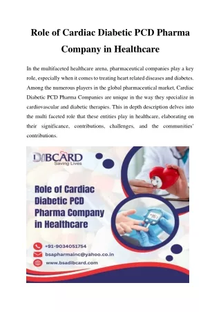 Role of Cardiac Diabetic PCD Pharma Company in Healthcare