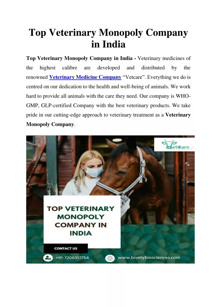 top veterinary monopoly company in india