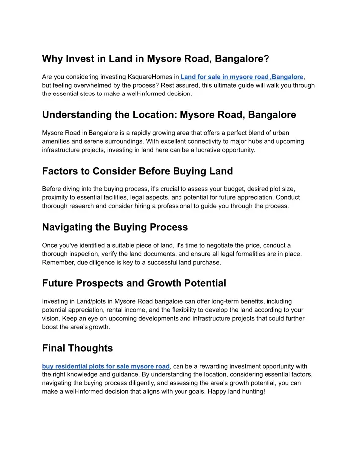 why invest in land in mysore road bangalore