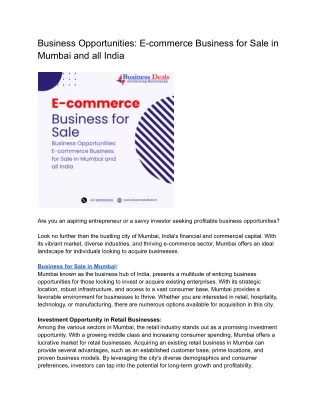 Business Opportunities; E-commerce Business for Sale in Mumbai and all India