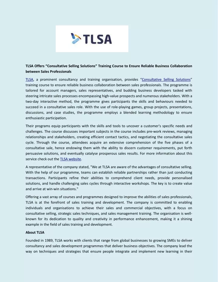 tlsa offers consultative selling solutions