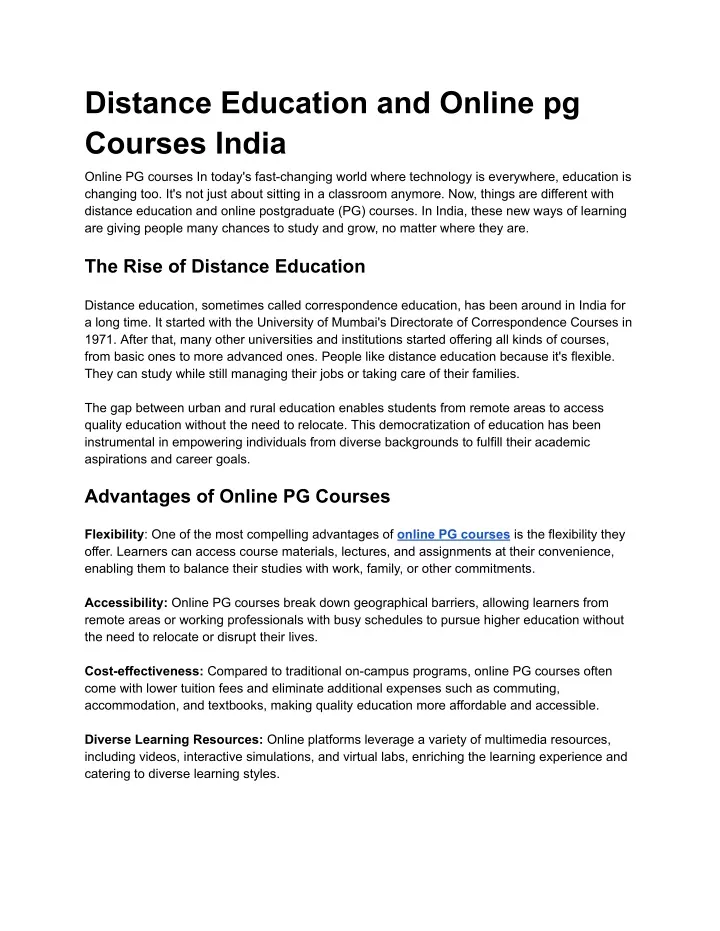 distance education and online pg courses india