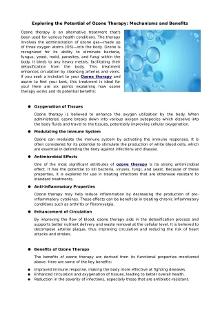 Exploring the Potential of Ozone Therapy: Mechanisms and Benefits