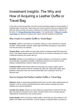 Investment Insights: The Why and How of Acquiring a Leather Duffle or Travel Bag