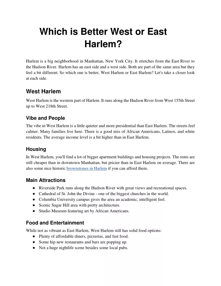 which is better west or east harlem