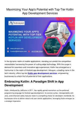 Maximizing Your App's Potential with Top-Tier Kotlin App Development Services
