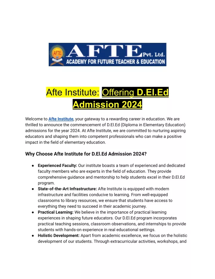 afte institute offering d el ed admission 2024