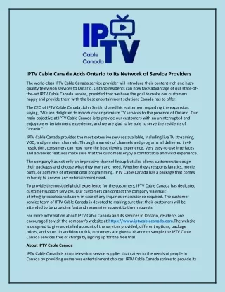 IPTV Cable Canada Adds Ontario to Its Network of Service Providers