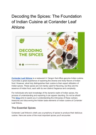 Decoding the Spices - The Foundation of Indian Cuisine at Coriander Leaf Ahlone