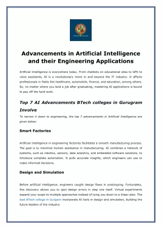 Advancements in Artificial Intelligence and their Engineering Applications