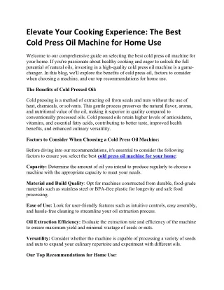 Elevate Your Cooking Experience: The Best Cold Press Oil Machine for Home Use