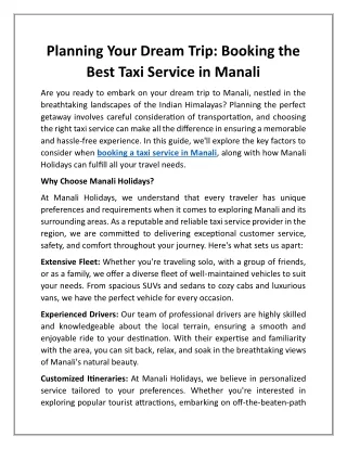 Planning Your Dream Trip - Booking the Best Taxi Service in Manali