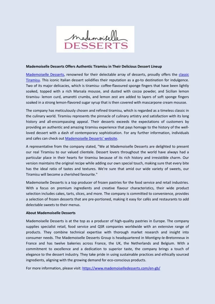 mademoiselle desserts offers authentic tiramisu