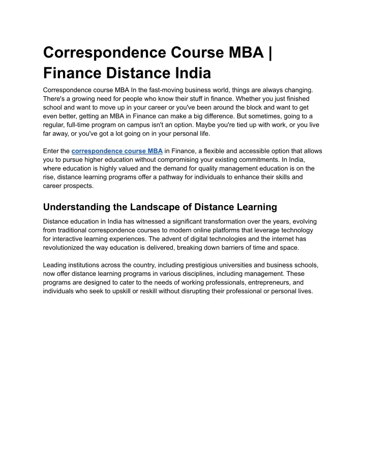 correspondence course mba finance distance india