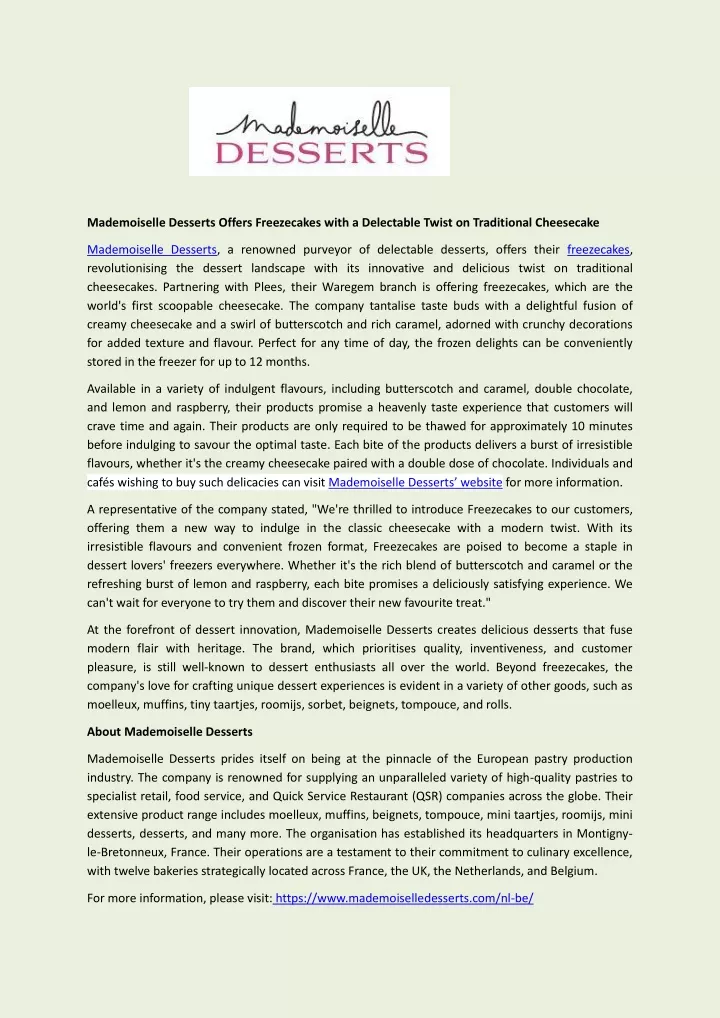 mademoiselle desserts offers freezecakes with