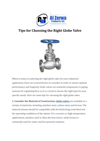 Tips for Choosing the Right Globe Valve