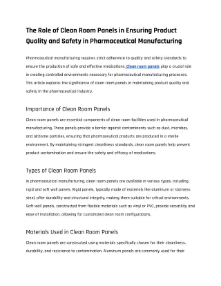 The Role of Clean Room Panels in Ensuring Product Quality and Safety in Pharmaceutical Manufacturing